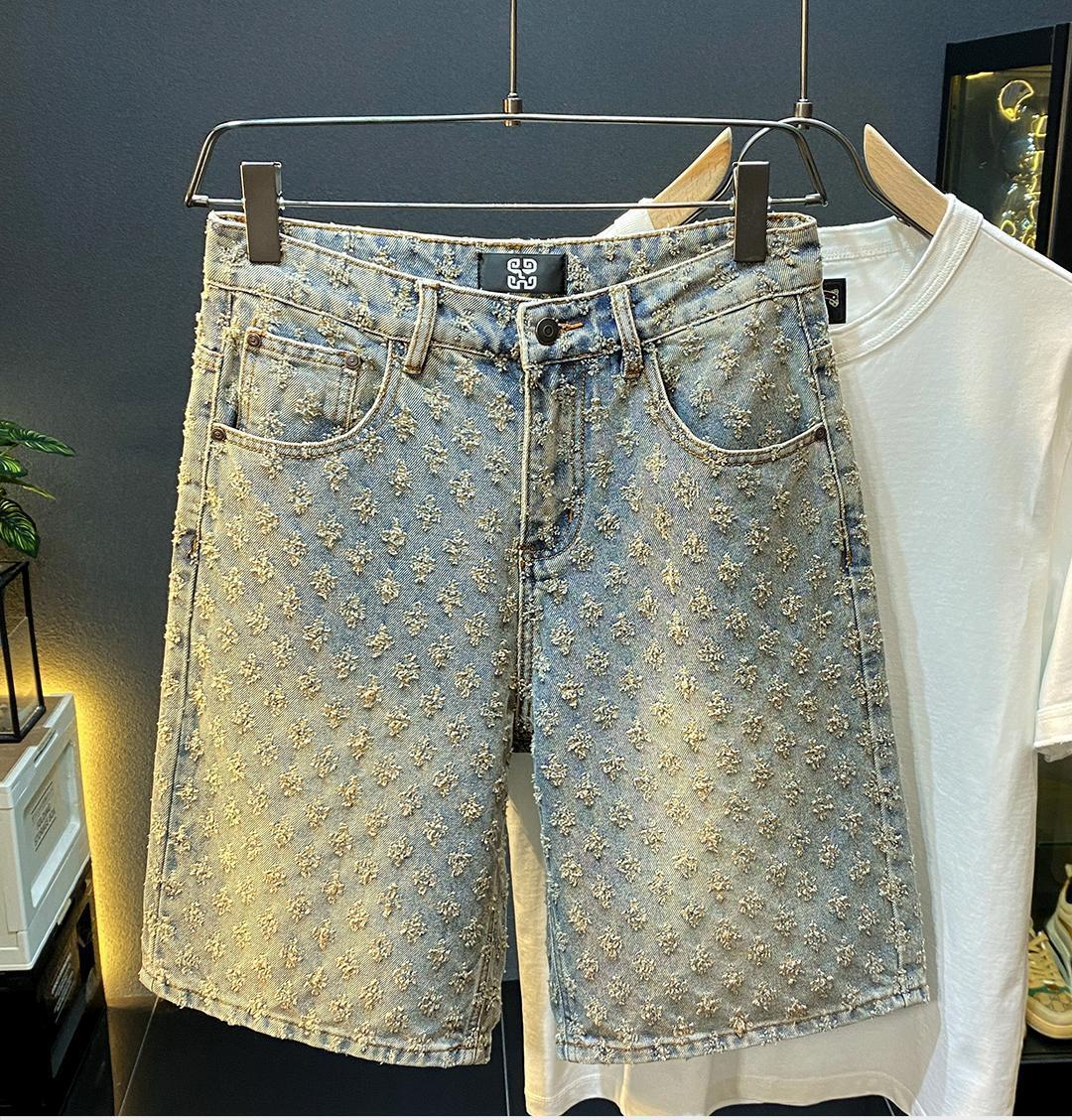 Loose Straight Leg Ripped Jacquard Five-Point Shorts
