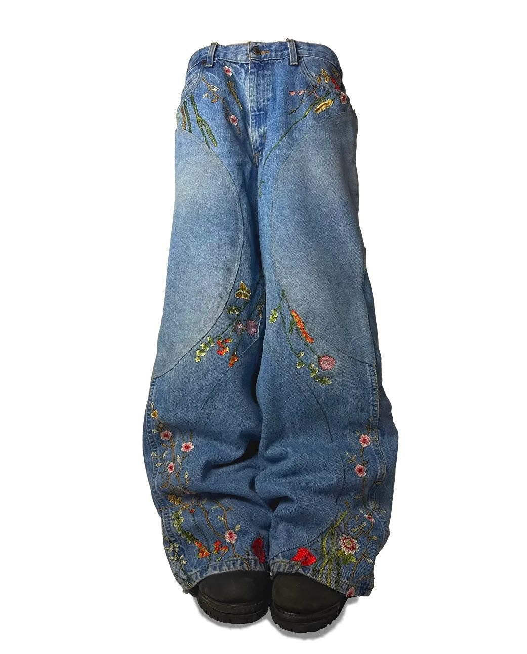 Y2K Loose-Fit Wide-Leg Patchwork Jeans with Floral Embroidery