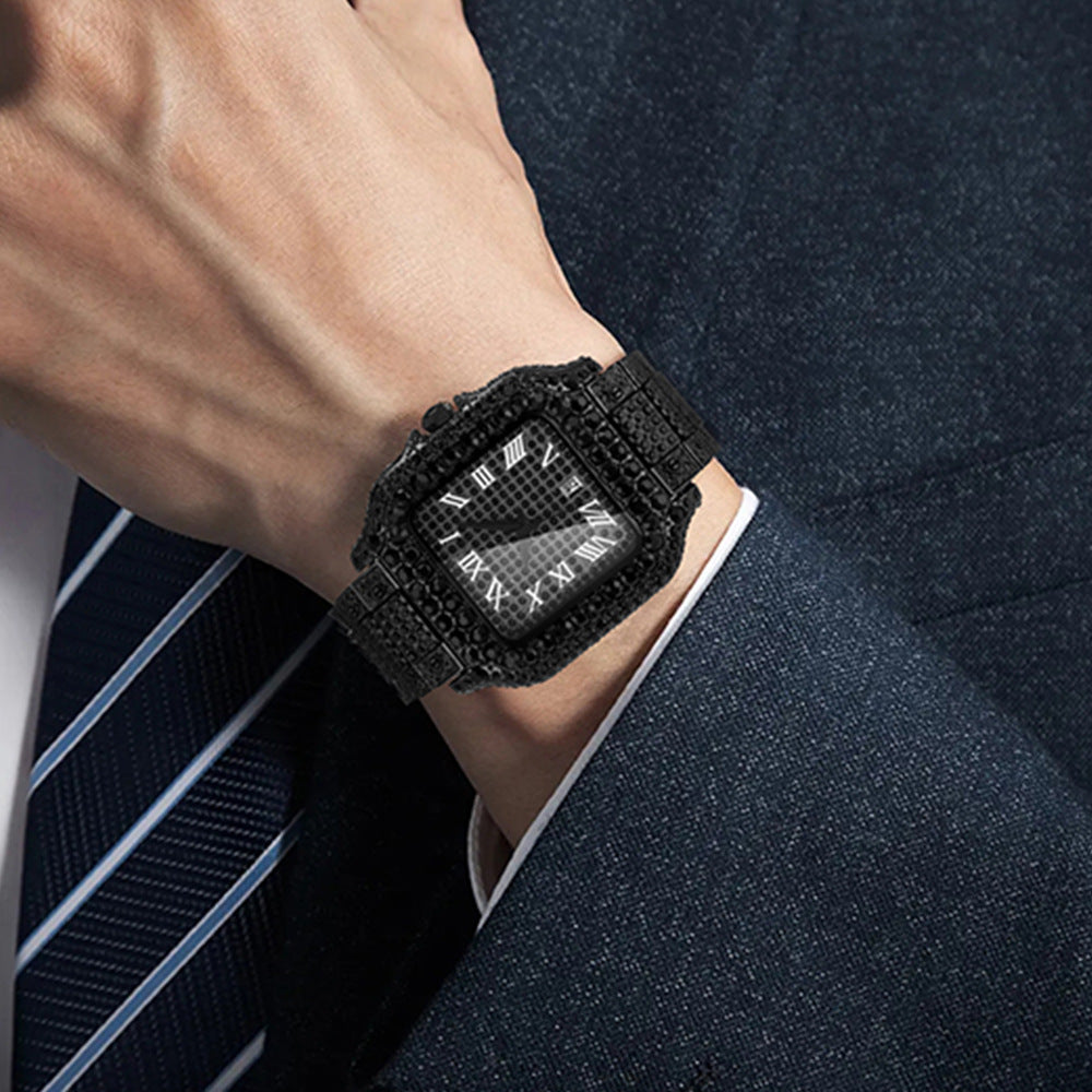 Hip-Hop Square Quartz Watch with Full Diamonds and Roman Markers