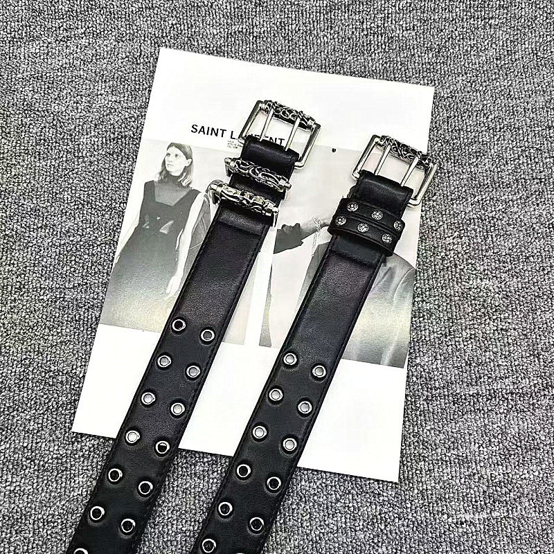 Chrome Hearts Vine Carved Coral Buckle Gothic Studded Leather Belt