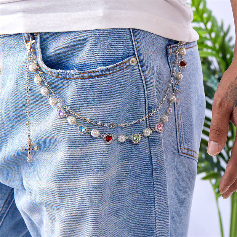 Multi-Color Gemstone, Pearl, and Cross Punk Waist Chain