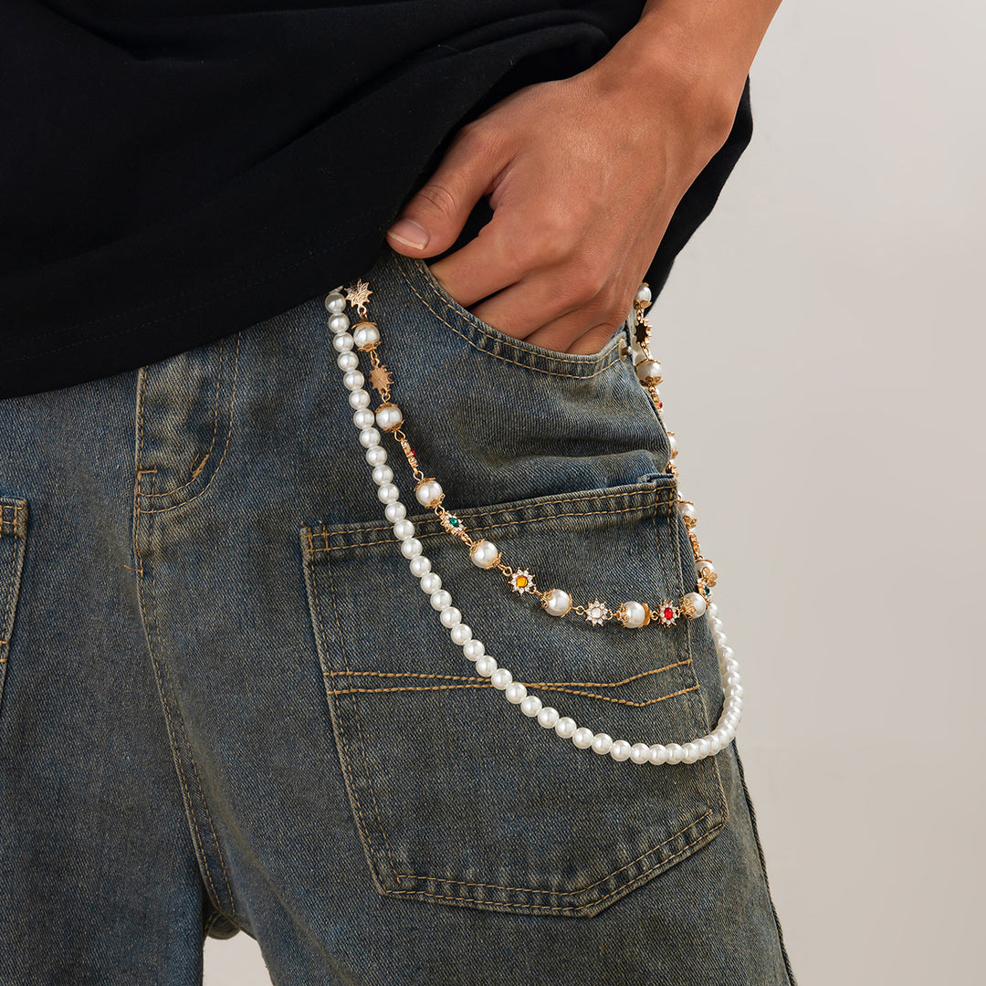 Pearl, Multi-Gemstone, Cross & Floral Pant Chain