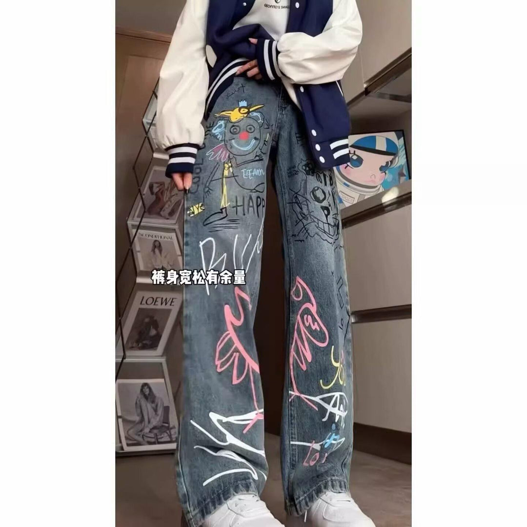 Graffiti-Print Straight-Leg Loose-Fit Jeans