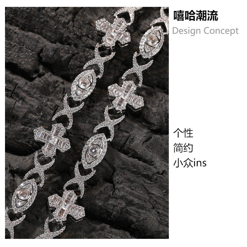 Hip-Hop Bracelet: Copper-Inlaid Zircon "Eye & Cross" Design