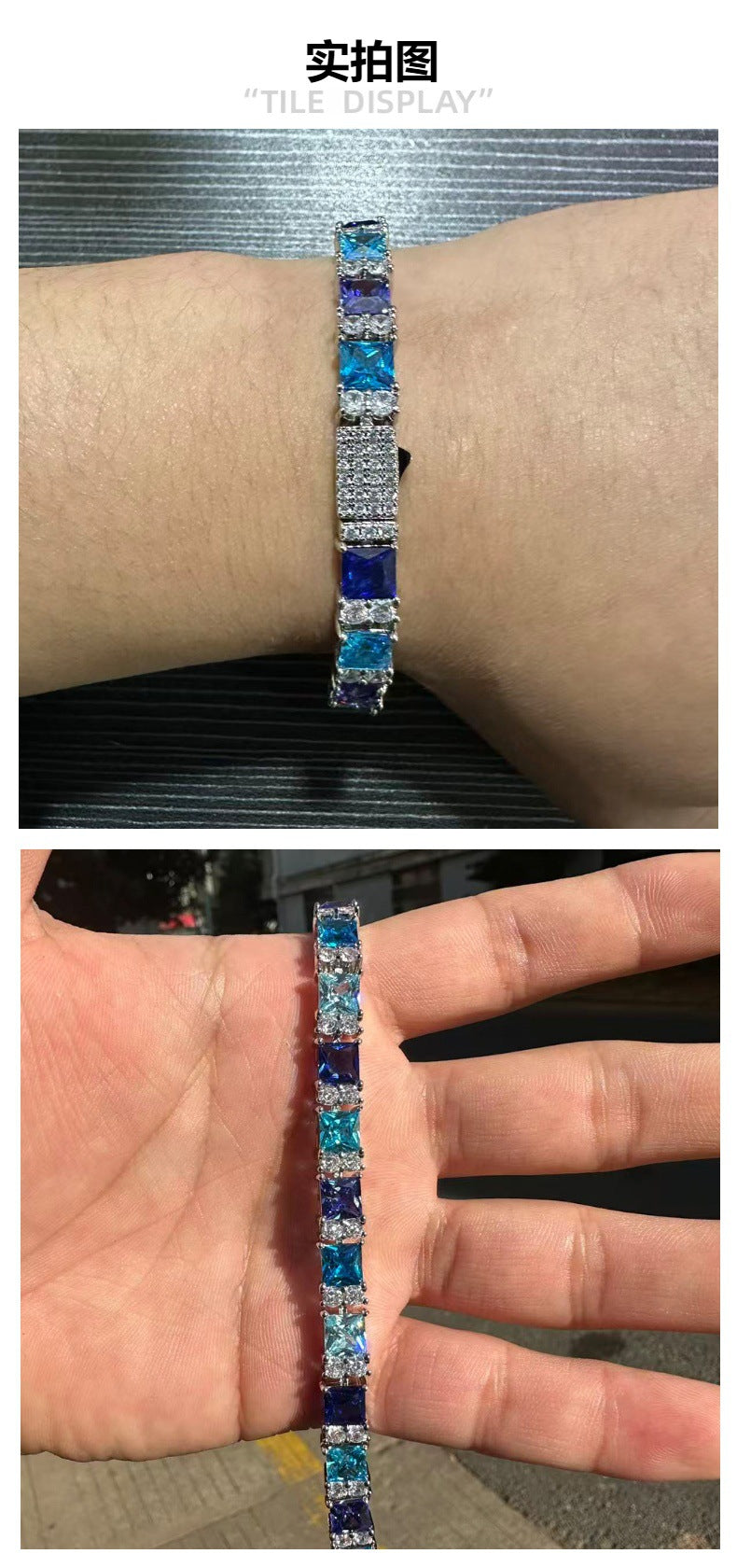 Square bracelet with blue purple gemstones