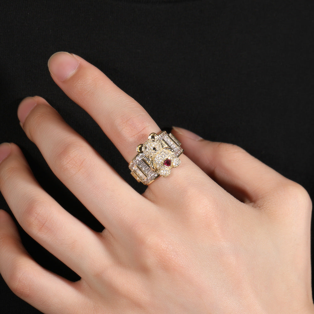 Hip-hop cute bear diamond-encrusted adjustable ring