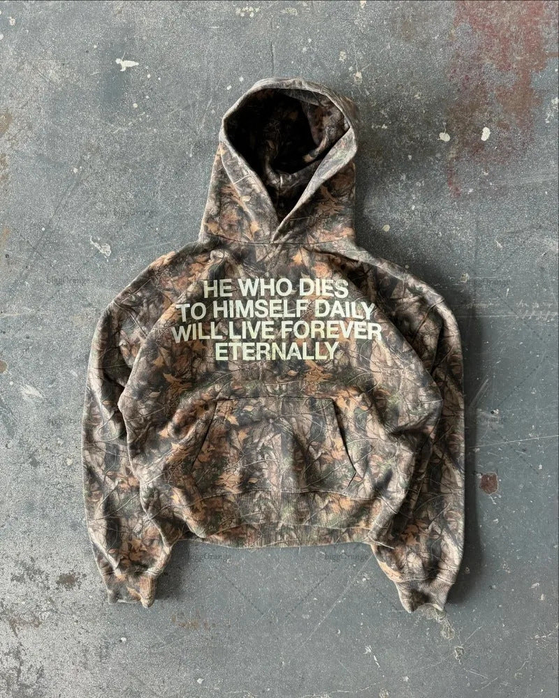Camouflage letter print hooded pullover sweatshirt