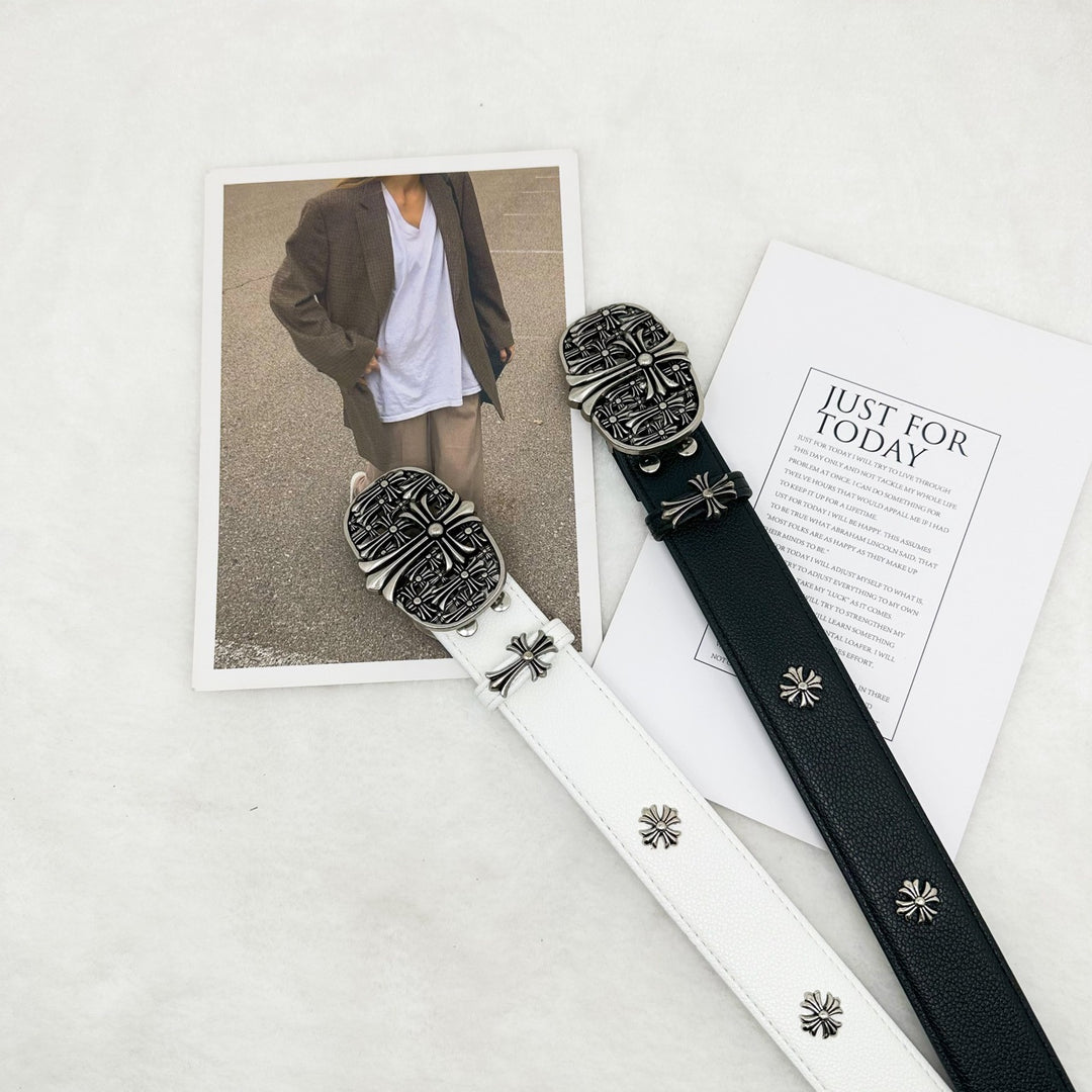 Chrome Hearts Cemetery Cross Classic PU Leather Belt with Rivets