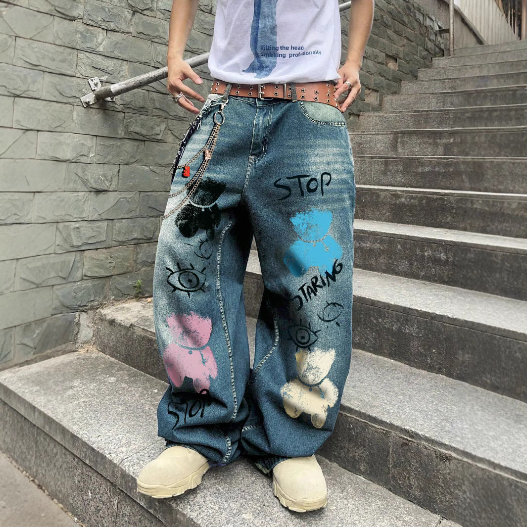 Wide-Leg Denim Jeans with Bear Eyes Print