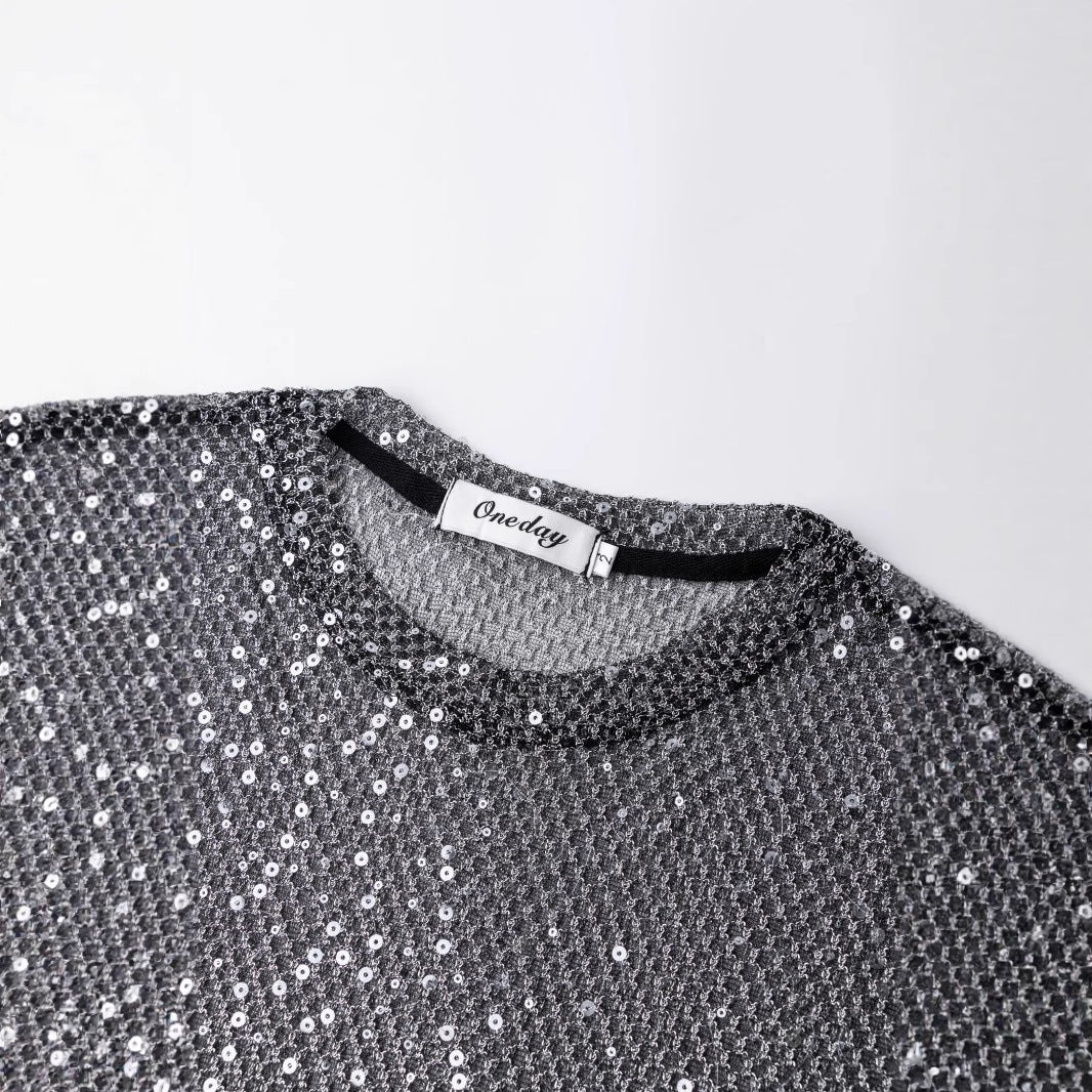 Gold Glittery Sheer Mesh Short-Sleeve T-Shirt