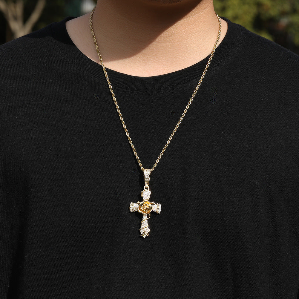 Hip-hop rose cross necklace with 5A zircon inlay