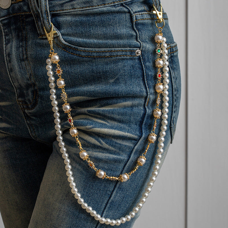 Rhinestone & Pearl Jewelry Set: Bracelet, Necklace, and Waist Chain