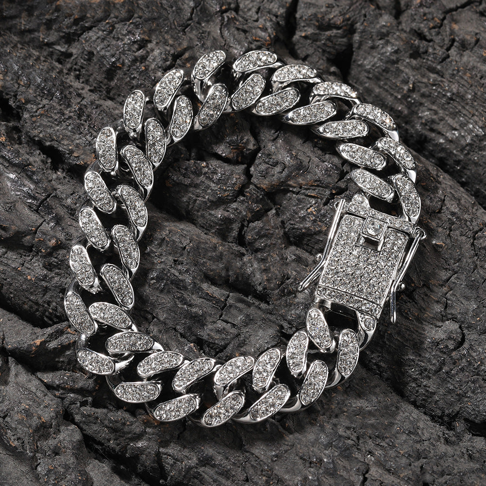 Hip-Hop 12mm Diamond-Encrusted Cuban Chain Bracelet