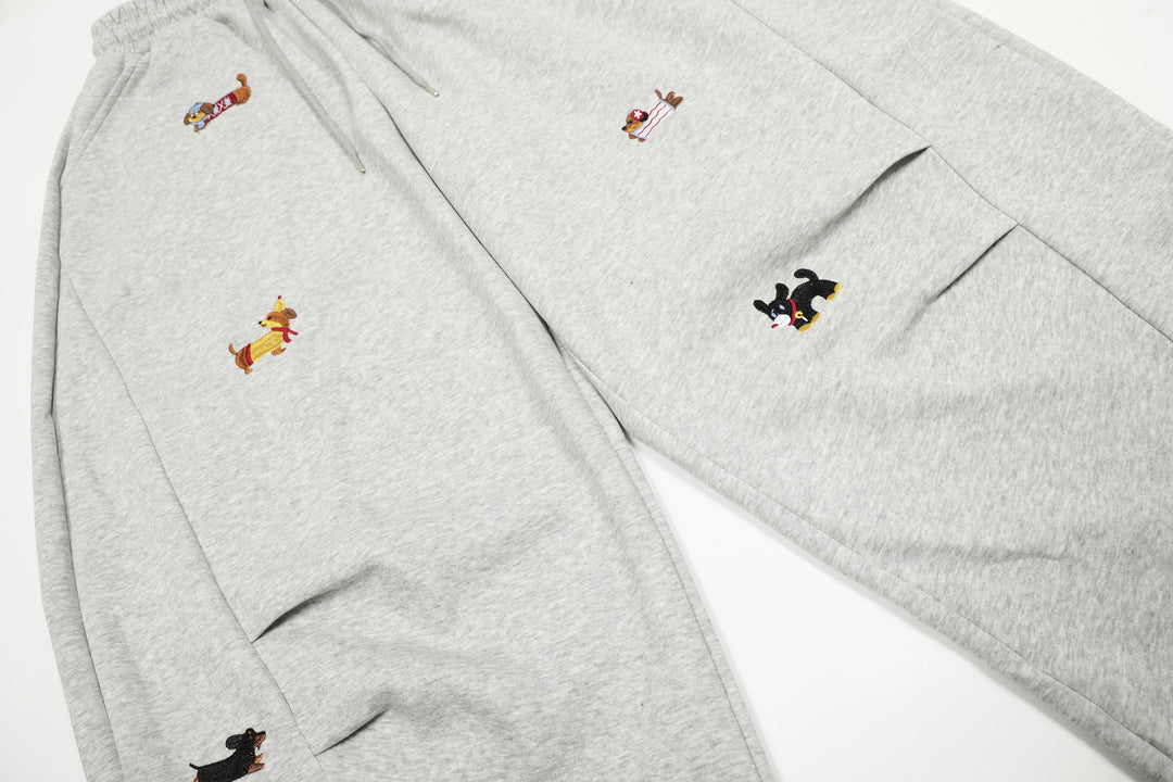 Cartoon Dog Print Straight-Leg Trousers Curved-Cut Casual Pants