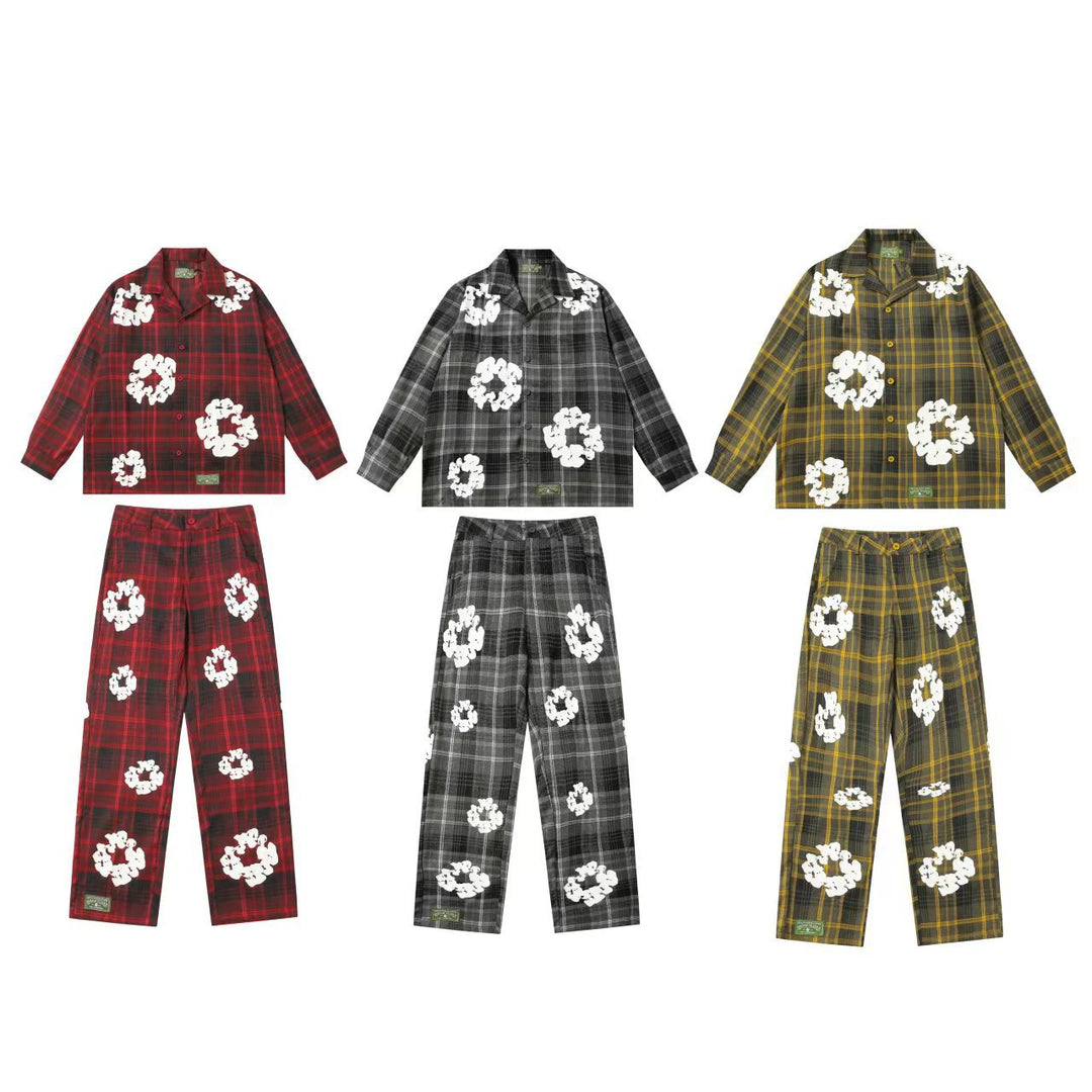 Kapok flower foam print plaid shirt set