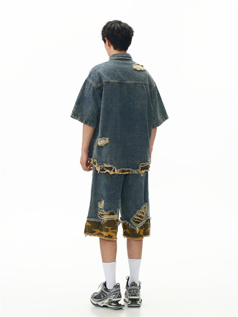 Raw-Hem Leopard-Print Patchwork Denim Shirt & Shorts Set