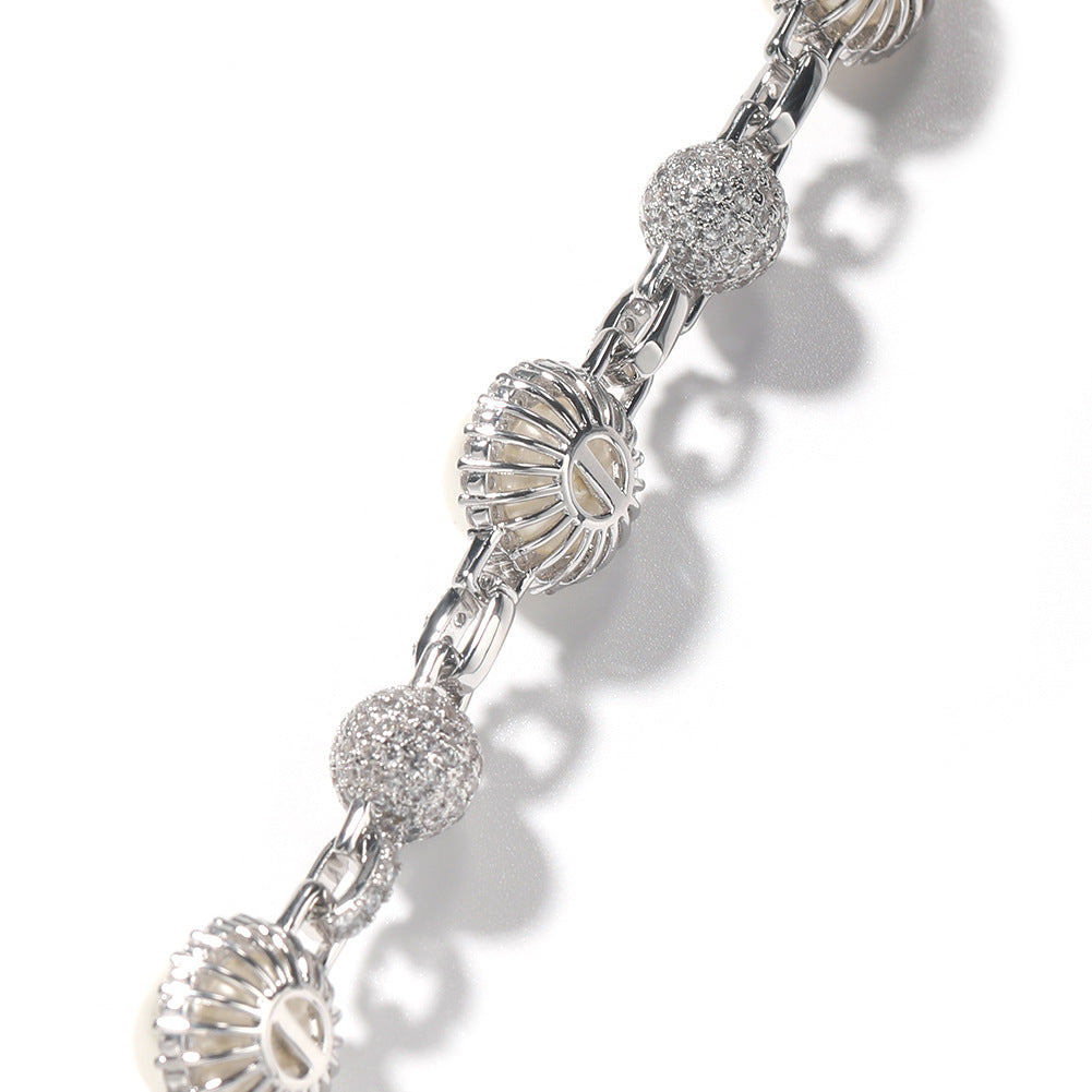 Hip-Hop Silver Pearl Necklace with Diamond Accents
