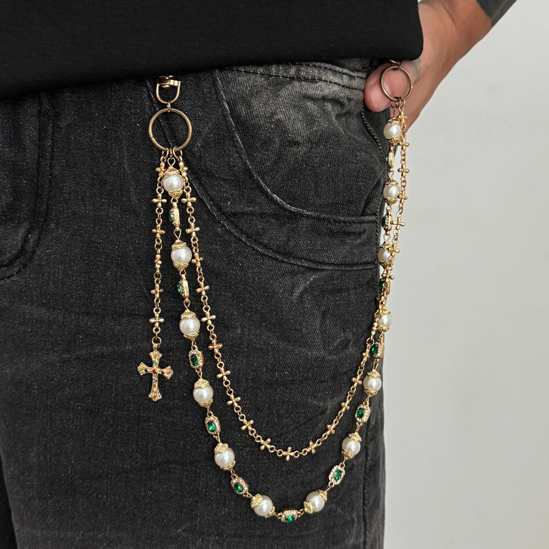 Pearl, Multi-Gemstone, Cross & Floral Pant Chain