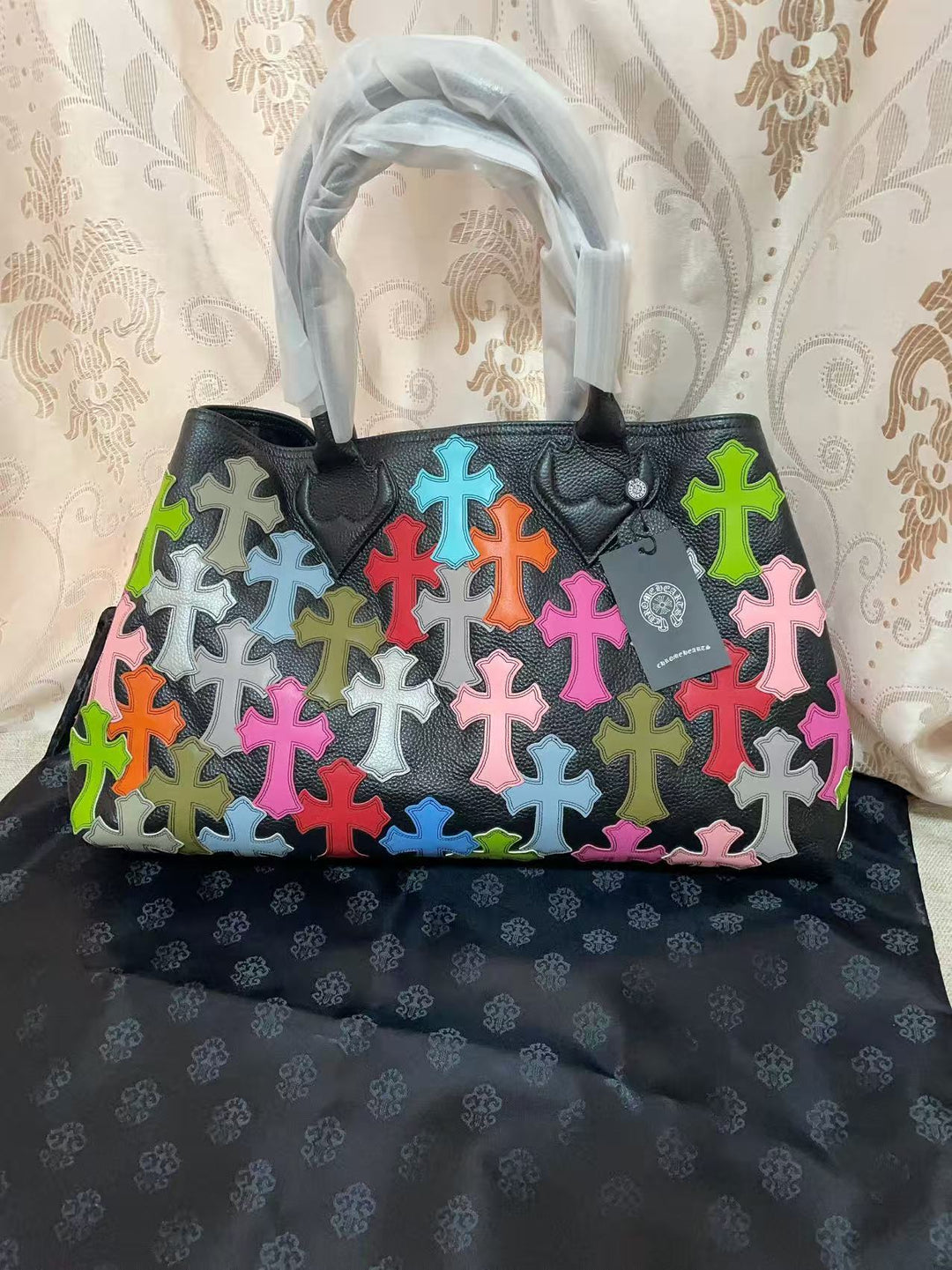 Chrome Hearts Genuine Leather Handbag with Floral Pattern