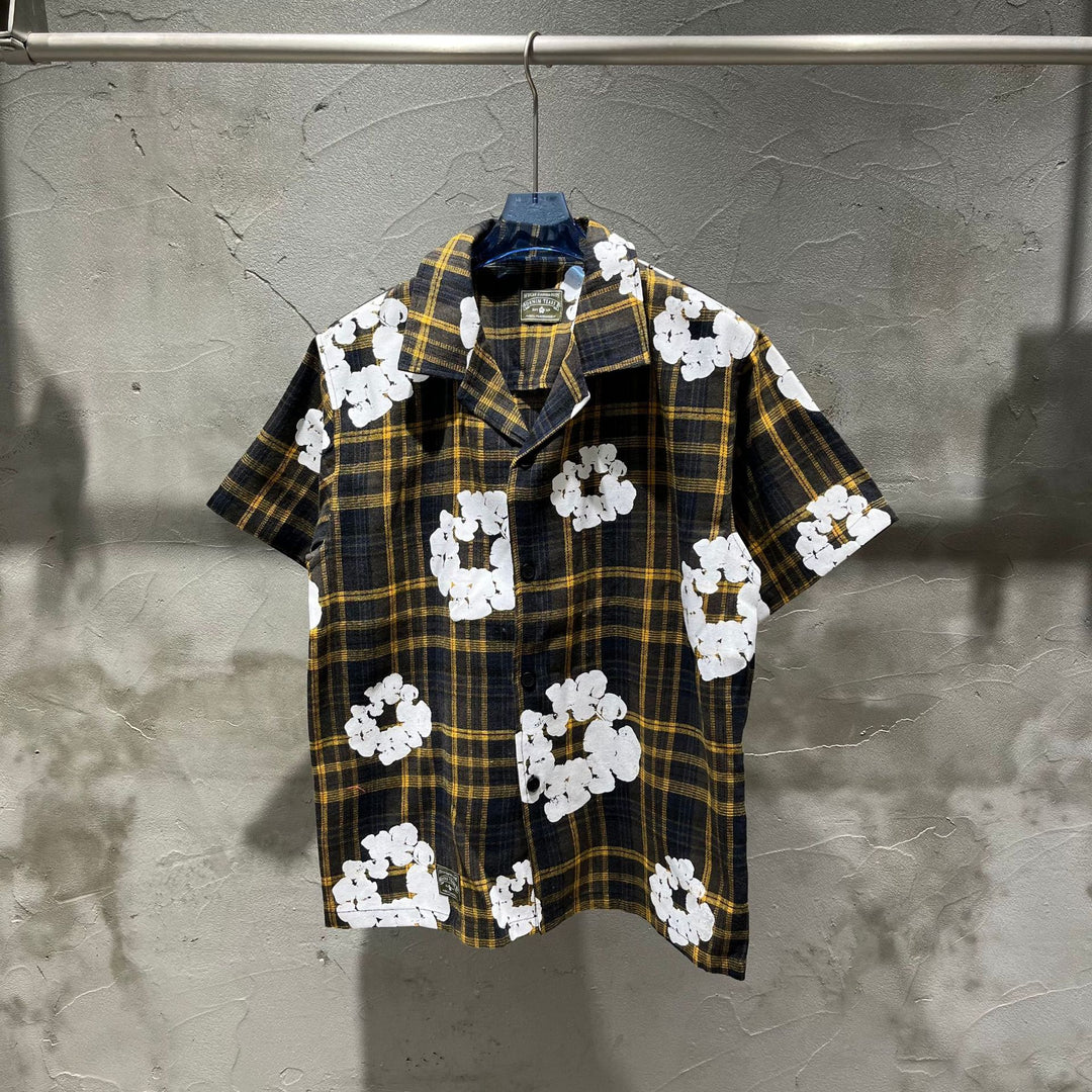 All-over print plaid short-sleeved shirt and shorts set