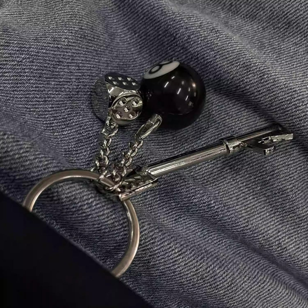 Solid "Black 8" & Silver Dice Keychain