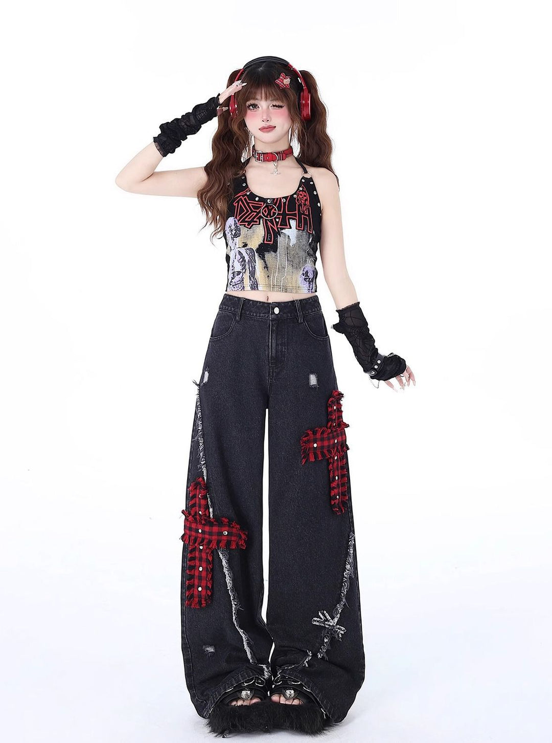 Rock-Punk Distressed Straight-Leg Wide-Leg Jeans