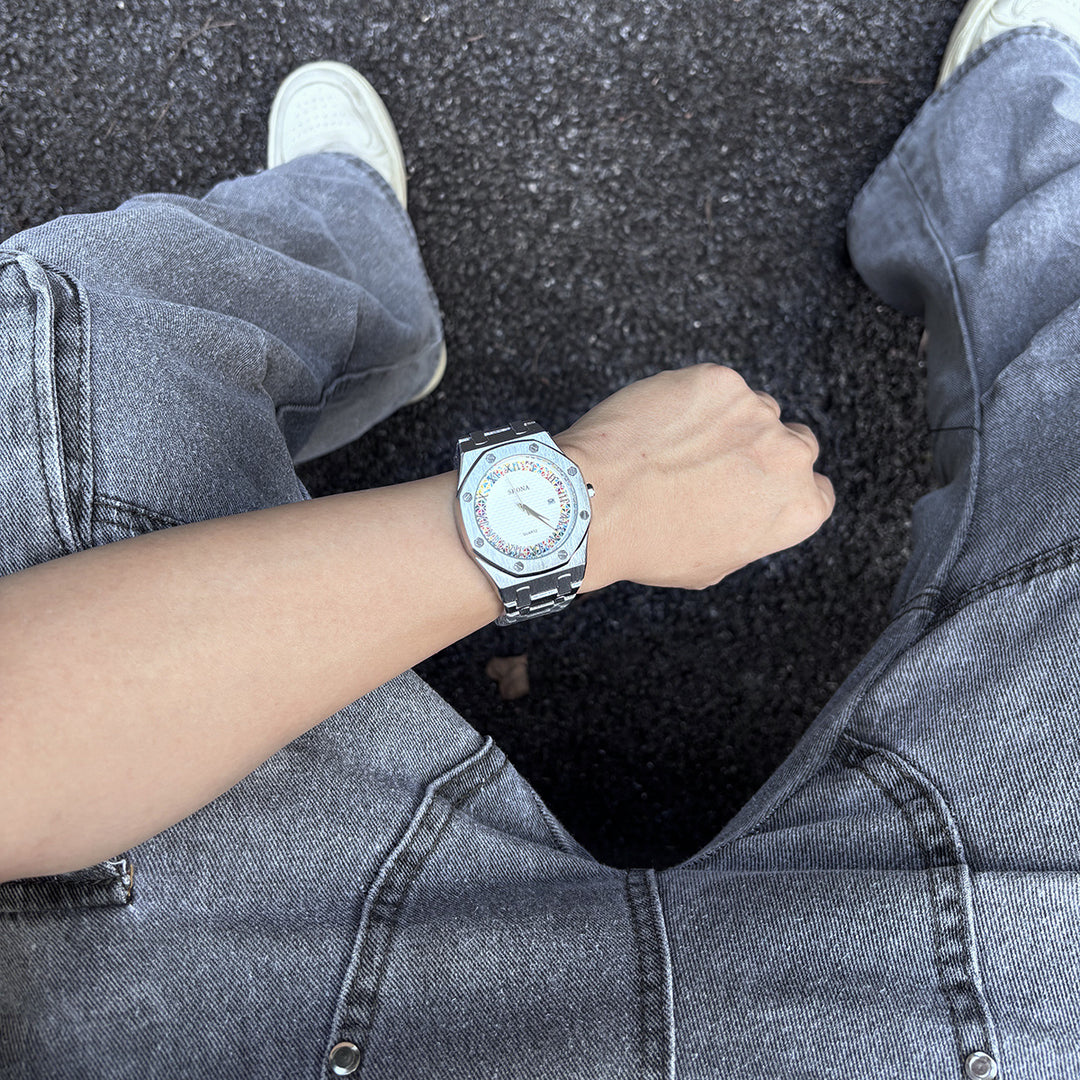 Stainless Steel Watch with Octagonal Bezel and Rainbow Roman Numerals
