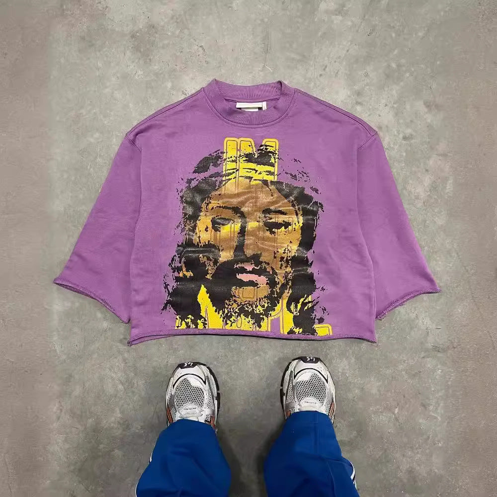 Graffiti print trendy T-shirt, three-quarter sleeve top