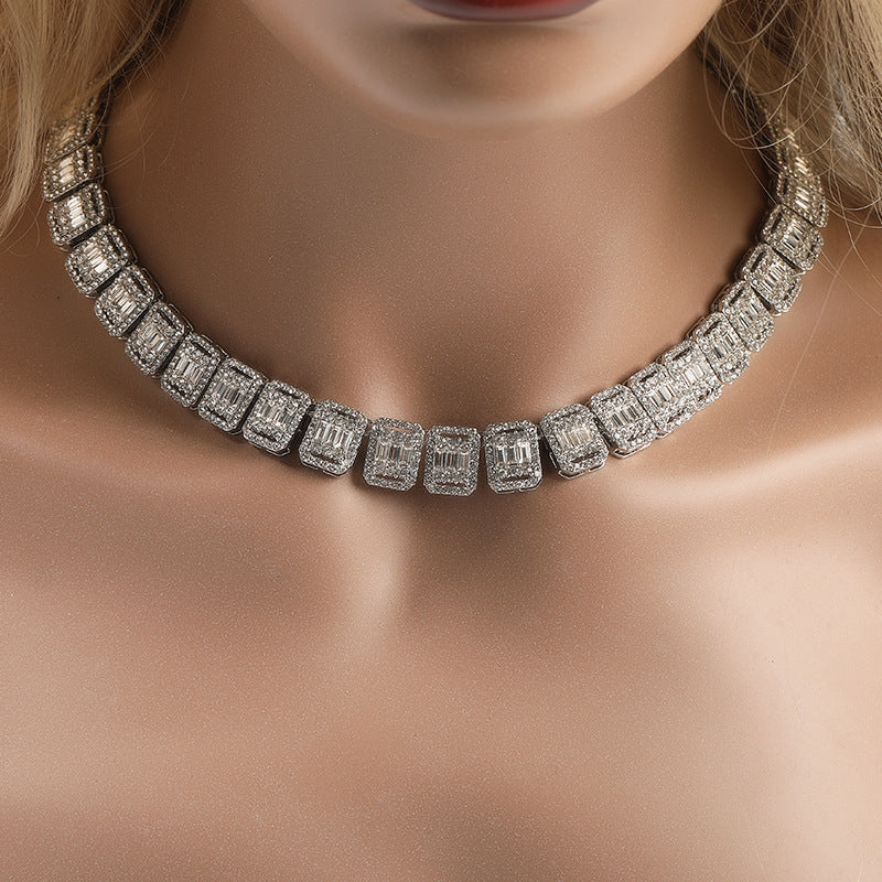 Alloy Necklace, 13mm, Diamond-Studded Nine-Panel Chain