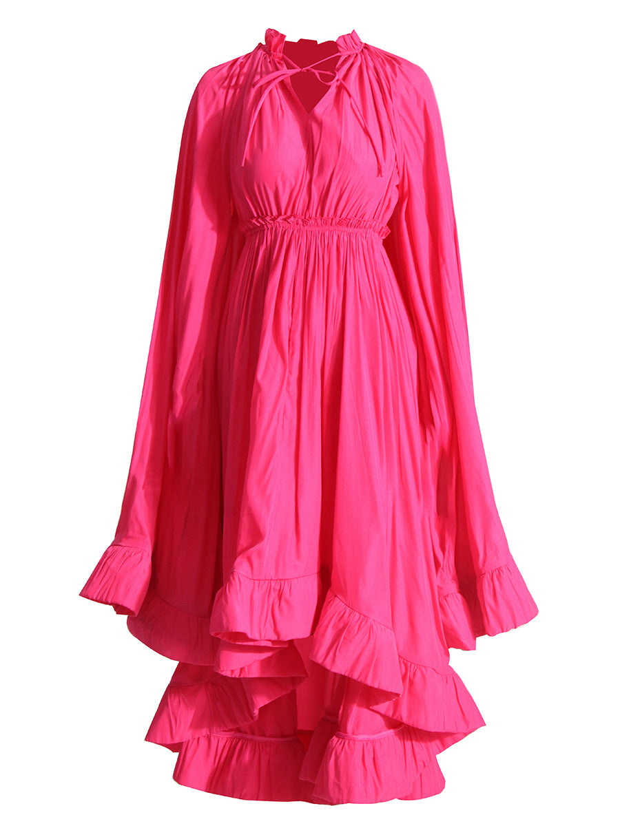 French Palace Style V-Neck Long Sleeve Shawl Pleated Ruffle Dress