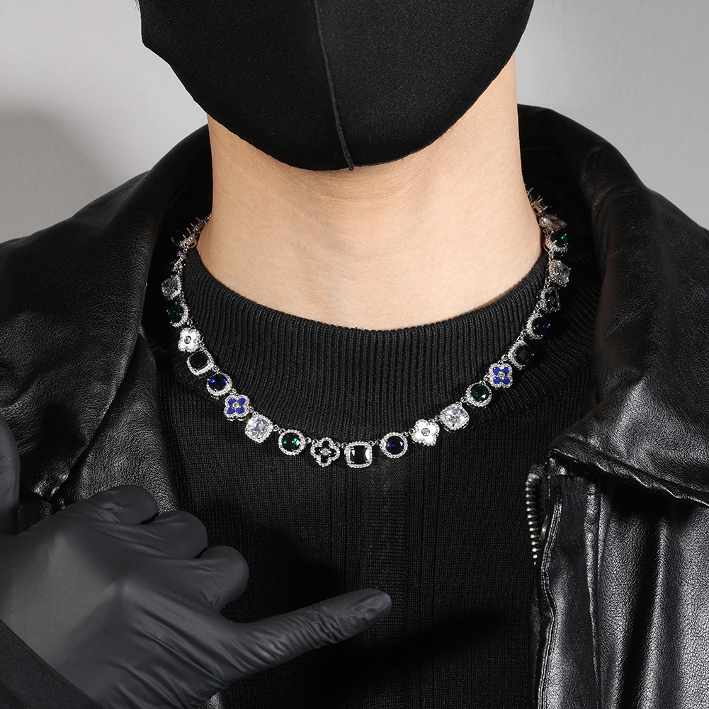 Hip-hop colorful rhinestone-encrusted flower necklace