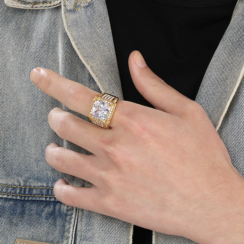 Bold diamond-encrusted titanium steel ring