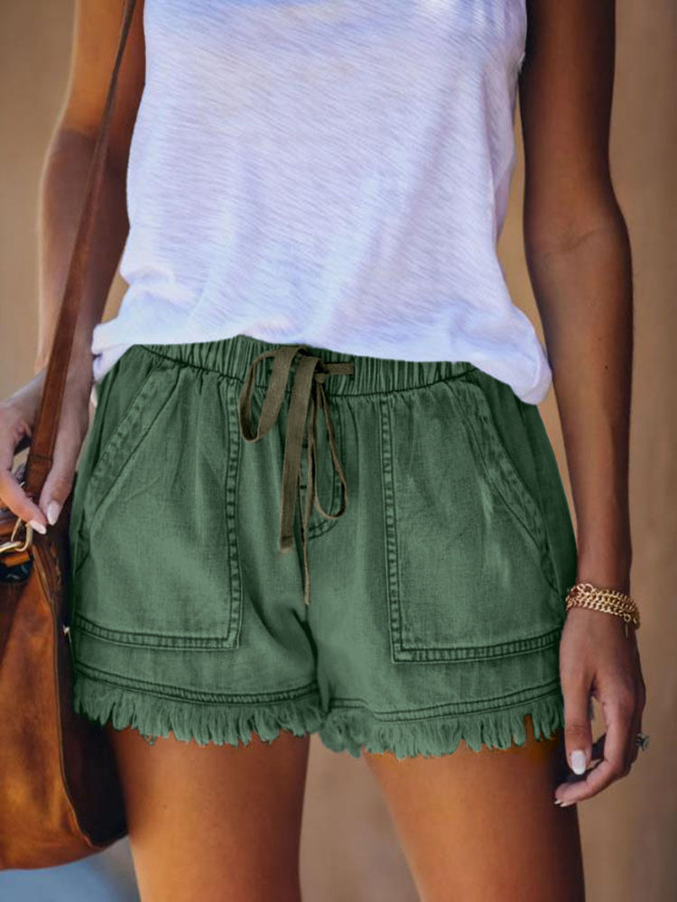 High-Waisted Denim Shorts with Elastic Waist and Fringed Hem