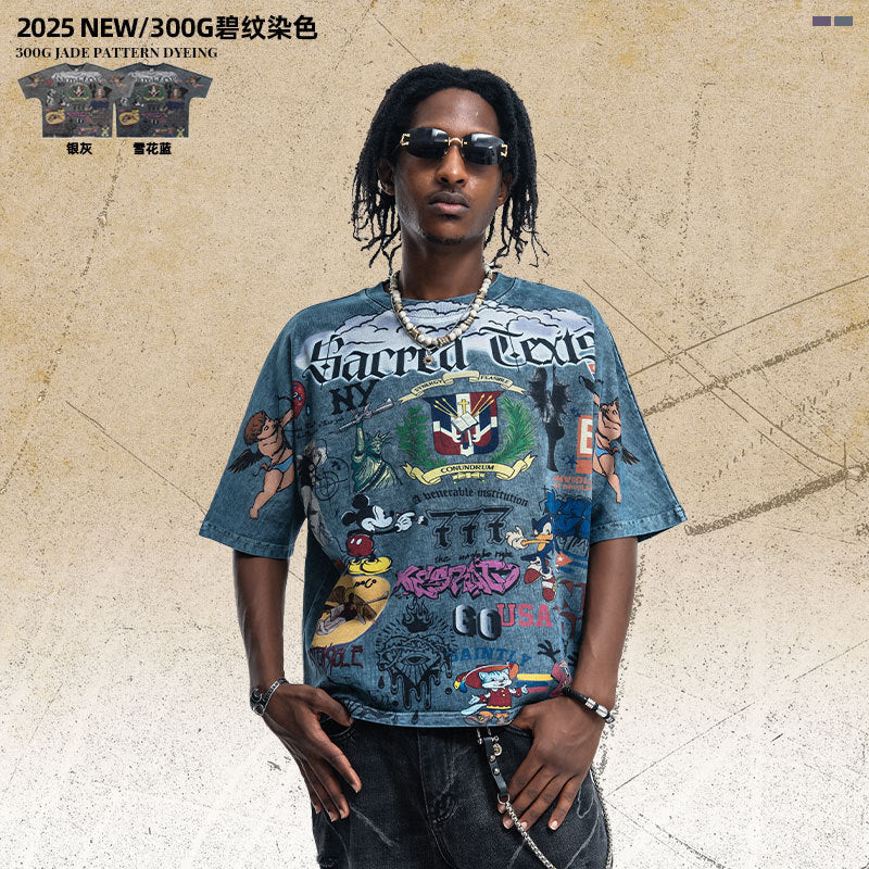 Vintage-Style All-Over Cartoon Print T-Shirt Washed & Distressed