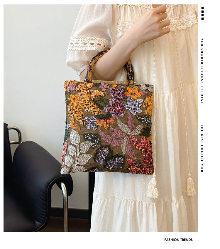Embroidered sequins linen bamboo handle tote bag