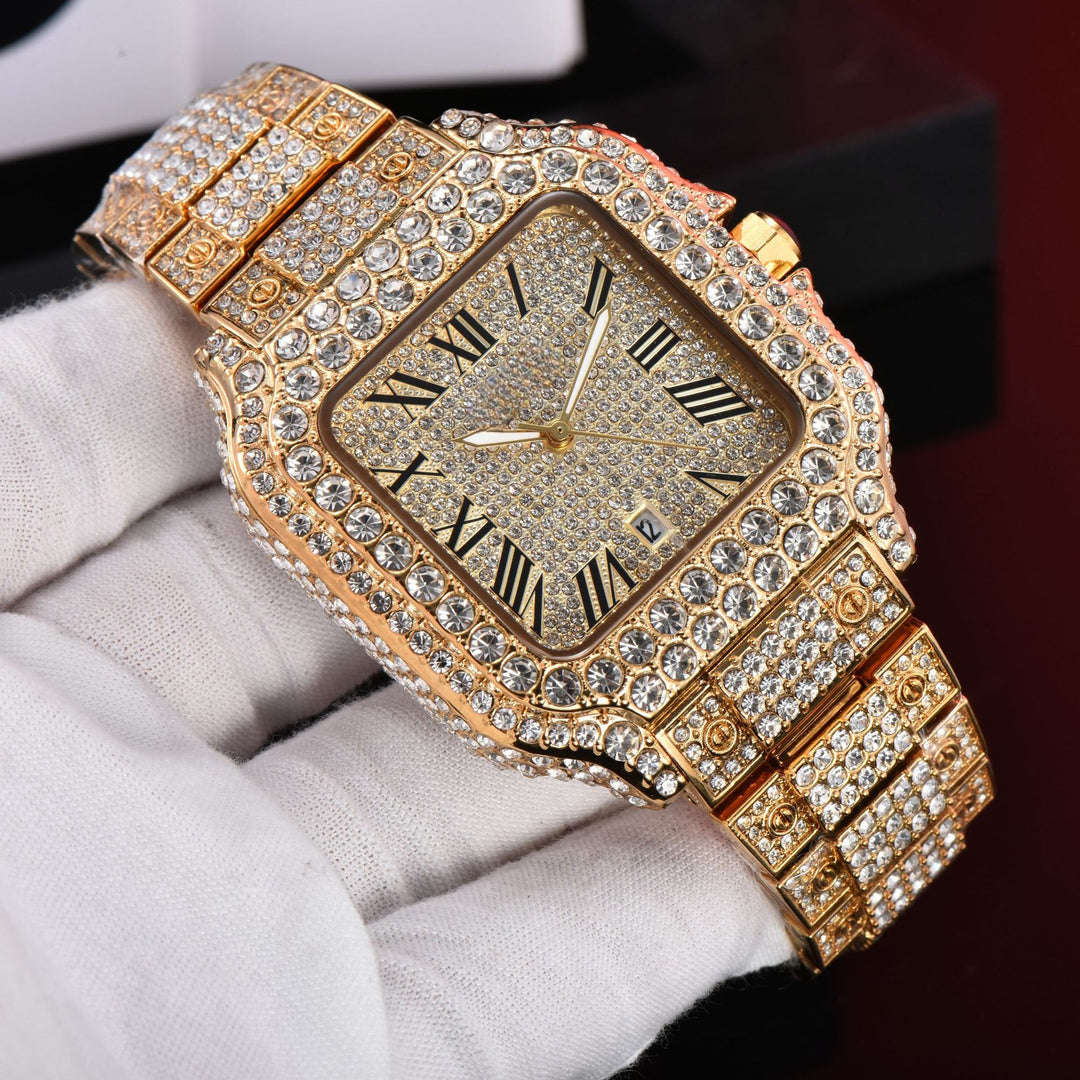 Luxury Diamond-Studded Watch with Classic Roman Dial