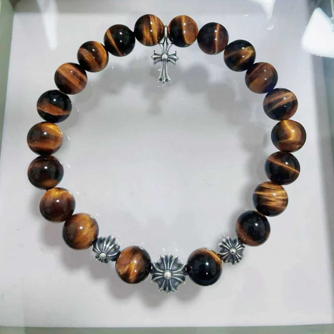 Chrome Hearts tiger's eye stone cross silver bead bracelet