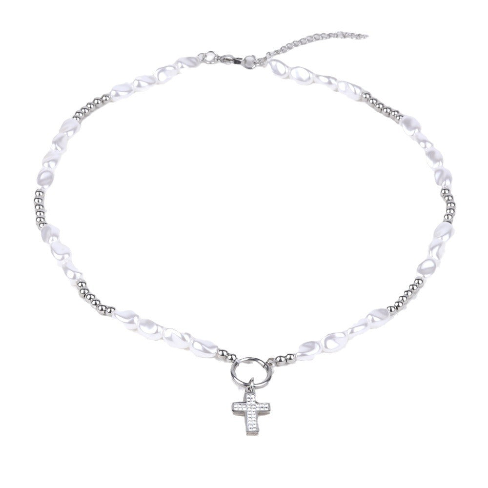 round pearl titanium steel cross necklace