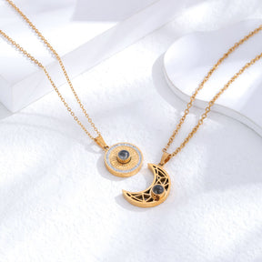 Gold sun and moon projection matching necklaces for couples