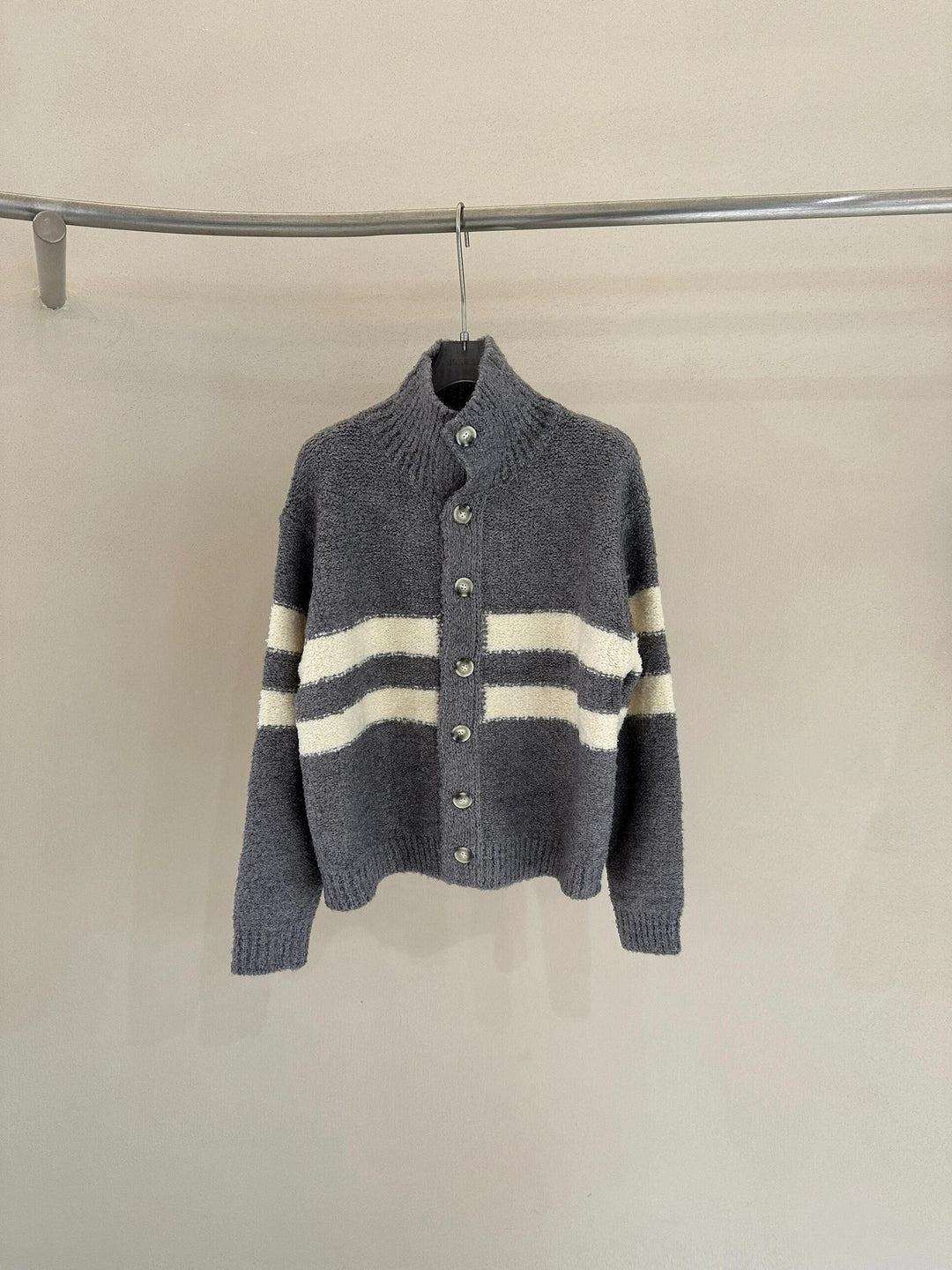 Knitted Cardigan & Color-Block Striped Faux Lambswool Shorts Set
