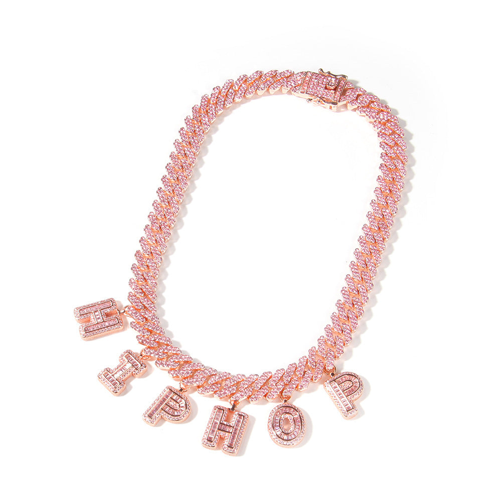 Pink diamond-set custom letter Cuban chain bracelet and necklace