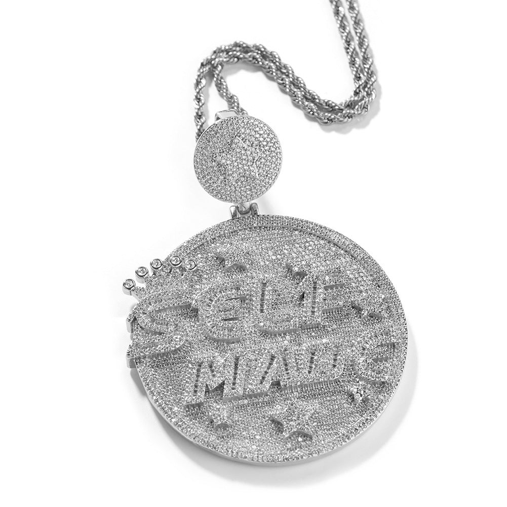 Self made hip-hop large diamond-encrusted disc necklace