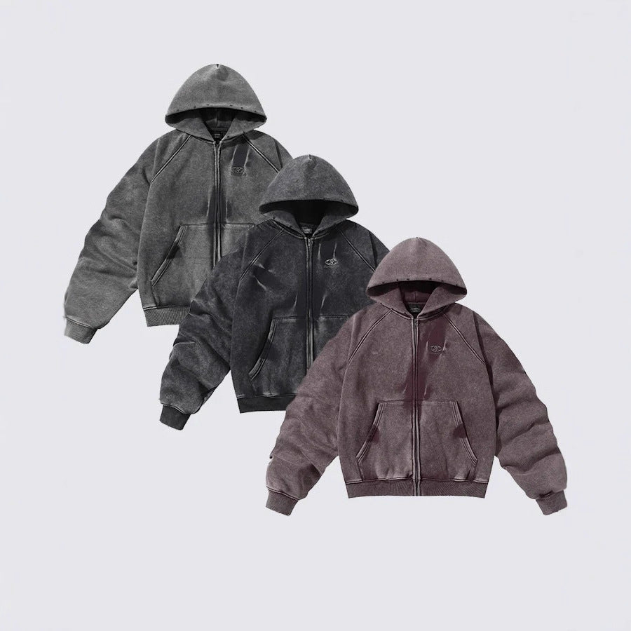 Distressed washed and pleated hooded sleeves