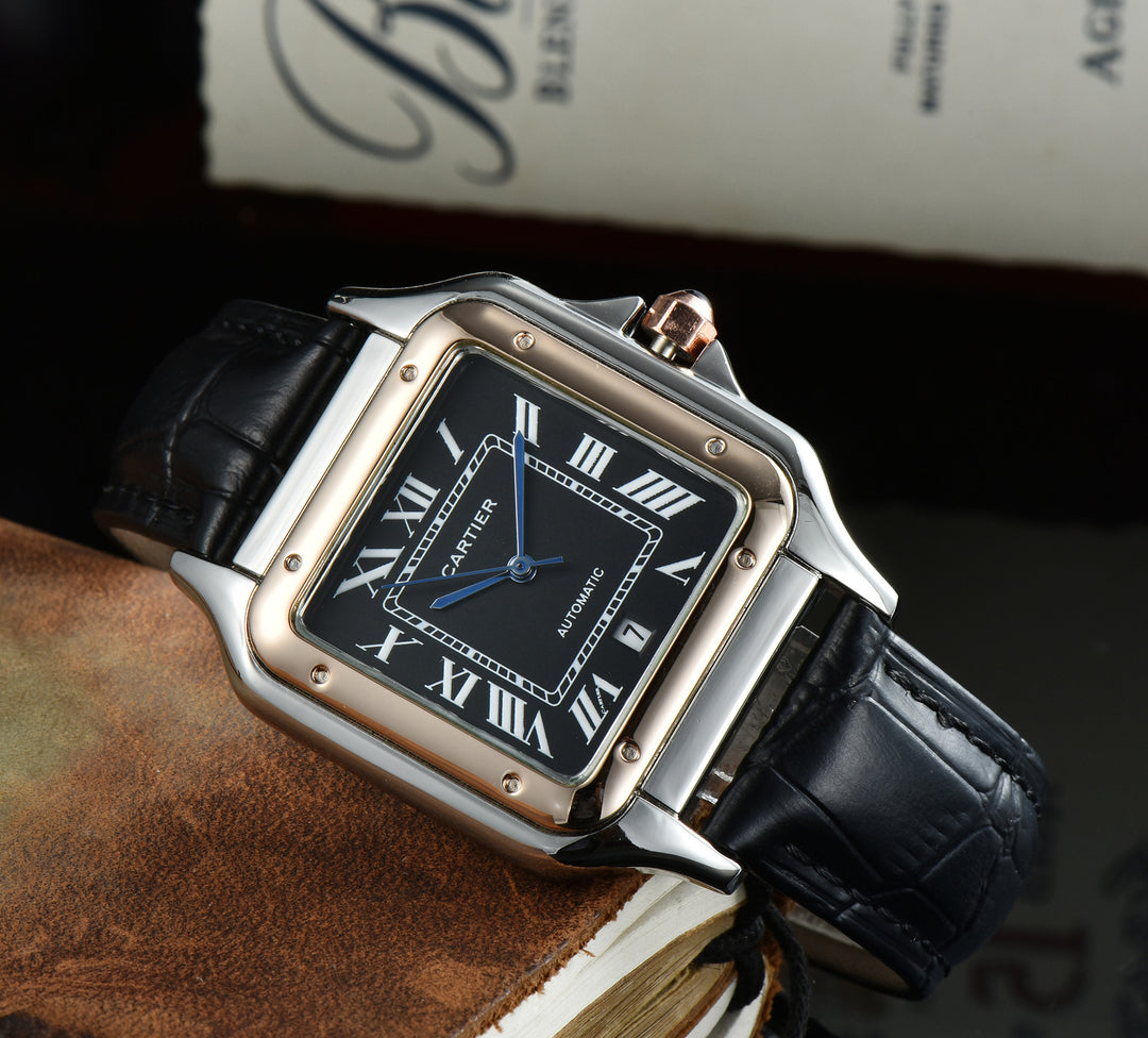 Leather Strap, Three-Hand Quartz Watch with Square Case