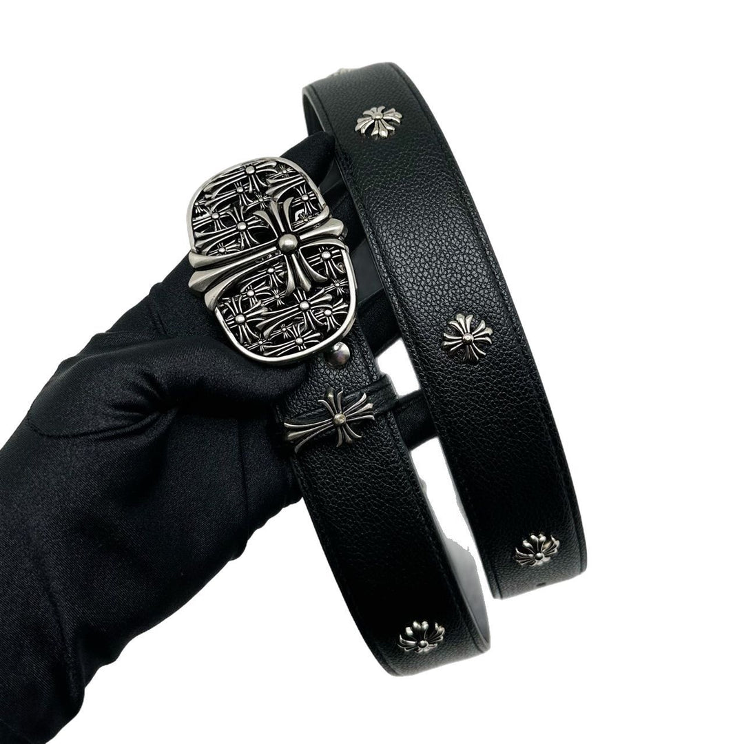 Chrome Hearts Cemetery Cross Classic PU Leather Belt with Rivets