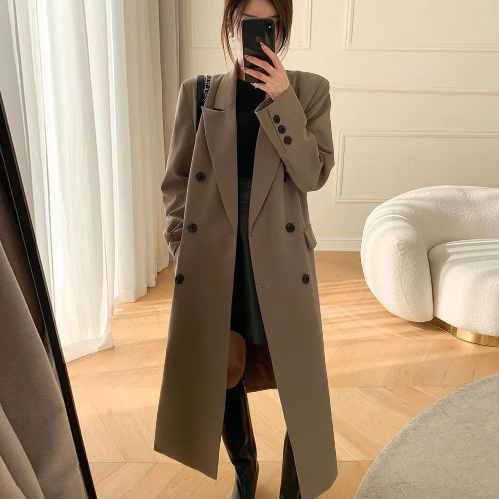 Double-breasted suit collar long coat