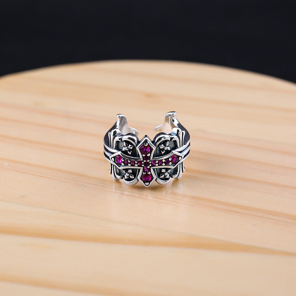 Rose red diamond cross flower open ring