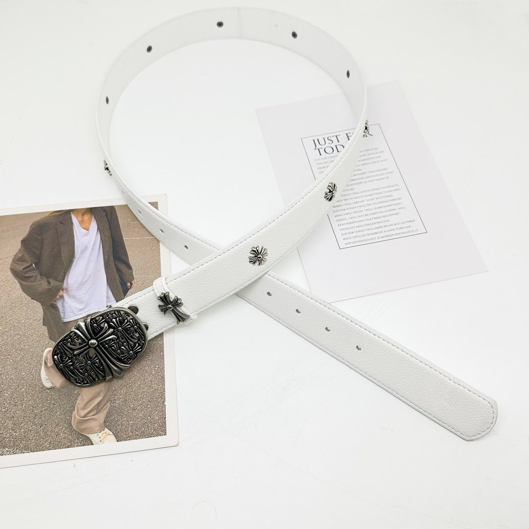 Chrome Hearts Cemetery Cross Classic PU Leather Belt with Rivets
