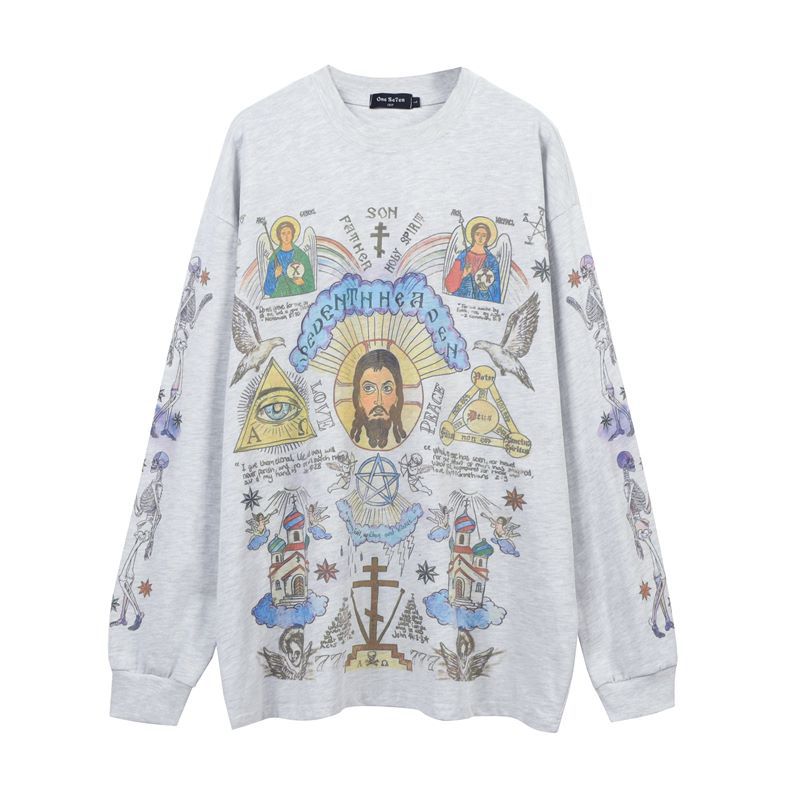 Skull angel print vintage distressed long - sleeve