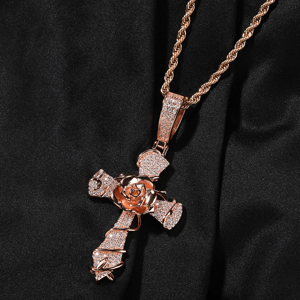 Hip-hop rose cross necklace with 5A zircon inlay